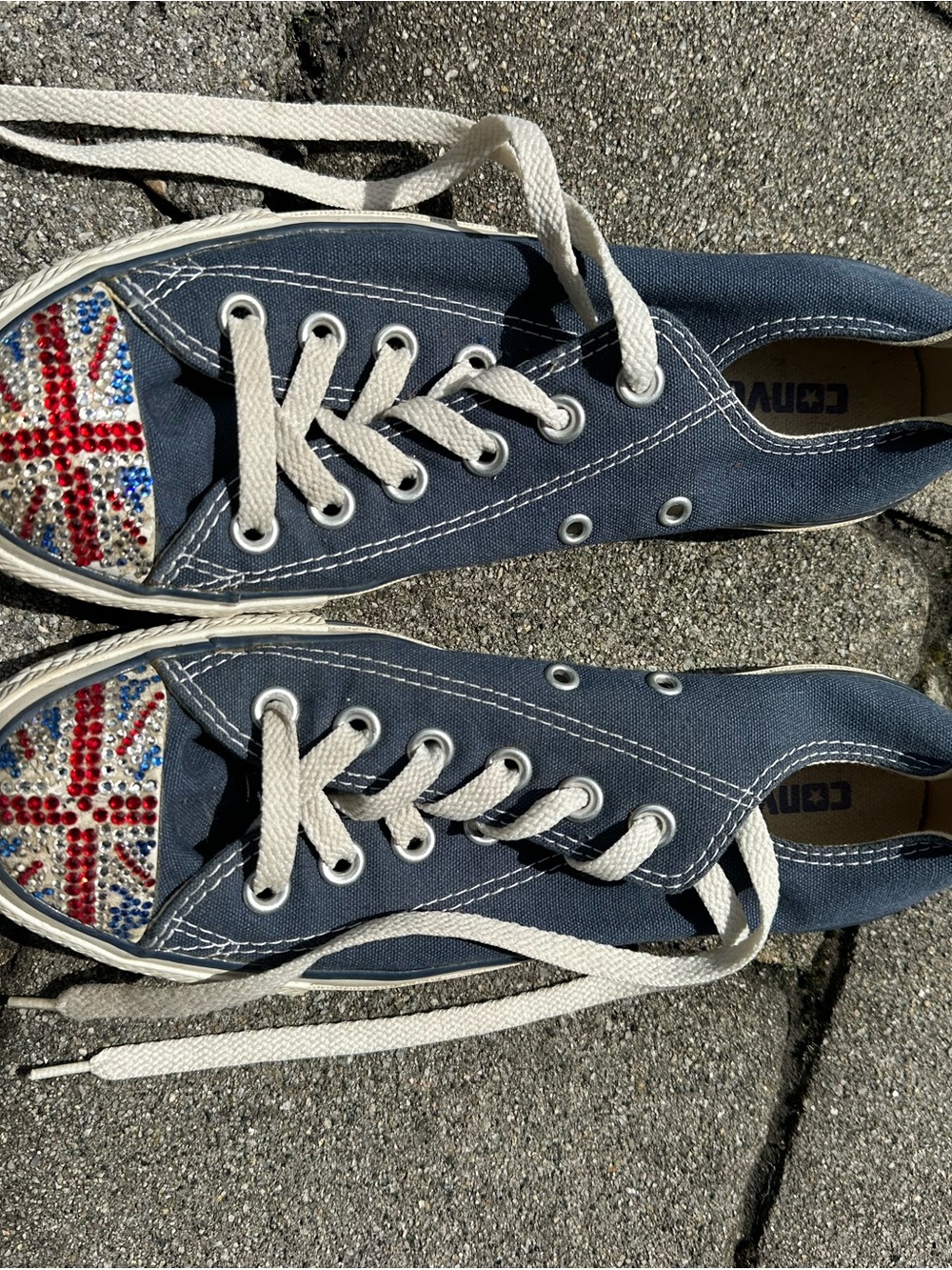 Converse Navy Canvas Low-Top Sneakers with White Laces and Rhinestone Union Jack